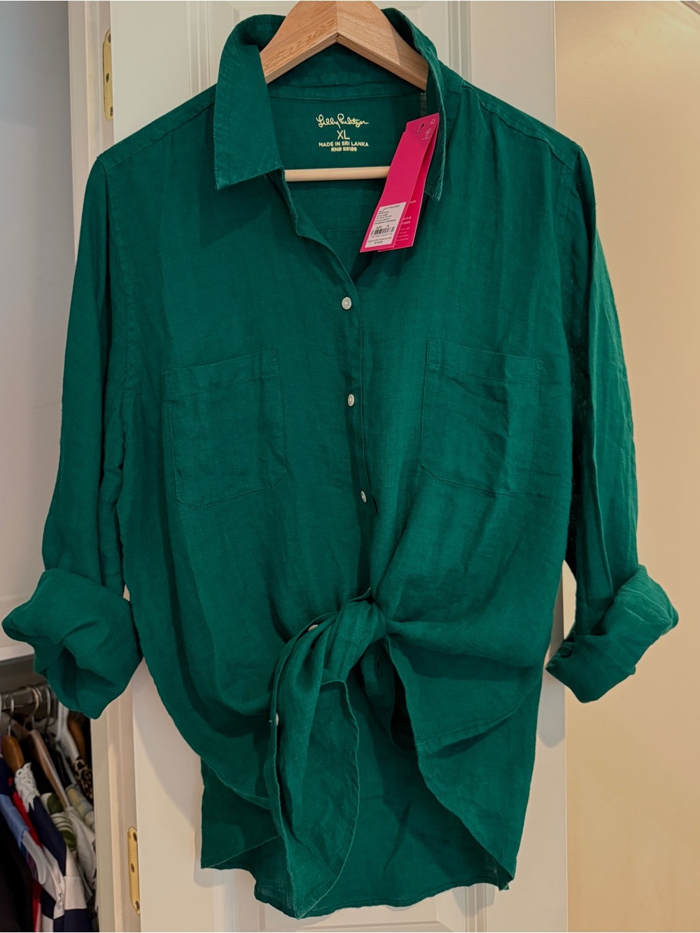 Lilly Pulitzer NWT 100% linen Forest Green button down XL